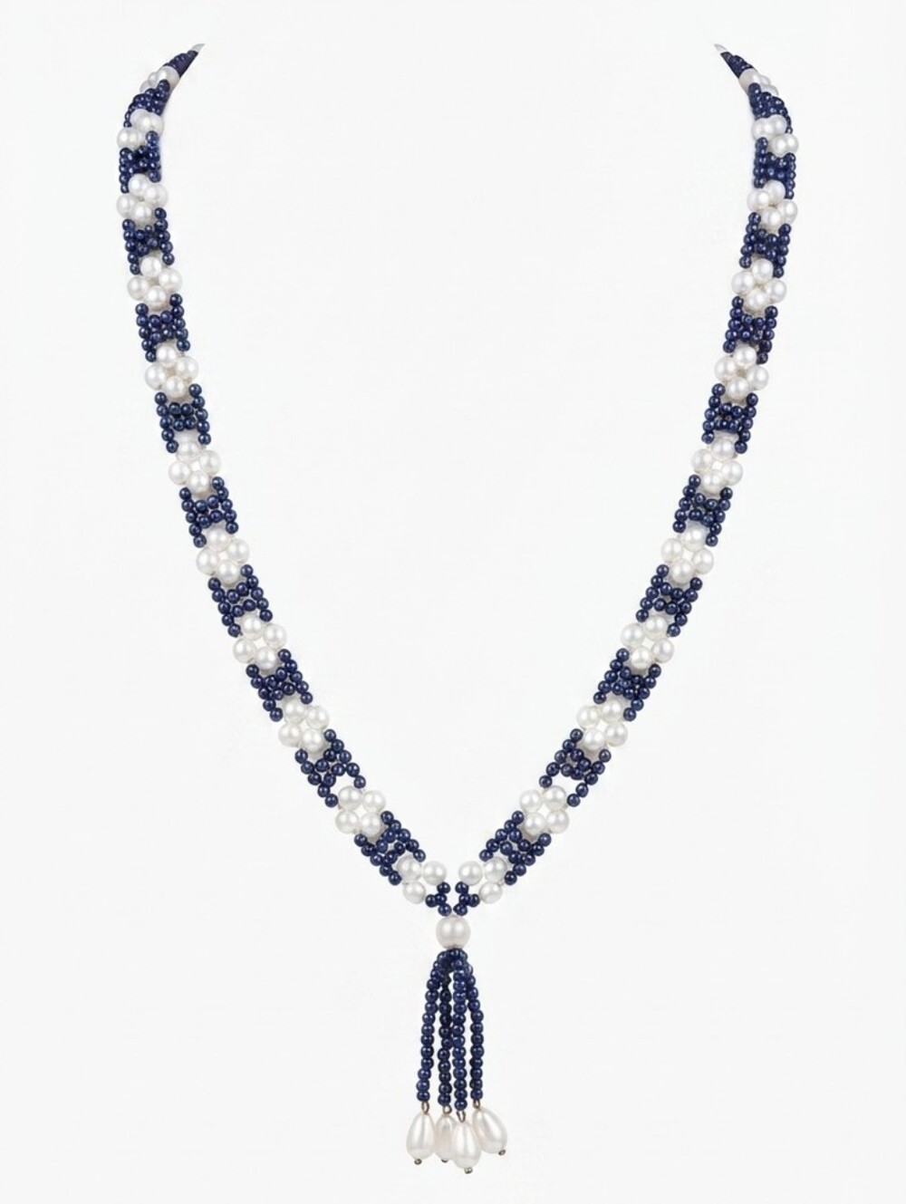 Vintage Blue and White Beaded Statement Necklace Seed Bead Tassel 1980s Jewelry